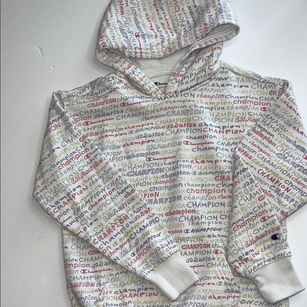 Champion White Hoodie with Multicolor Text Girls Size 10 - Picture 3 of 5